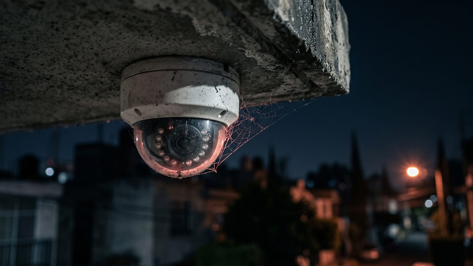 Cámara domo exterior con la mica sucia iluminada por sus LEDs infrarrojos de noche