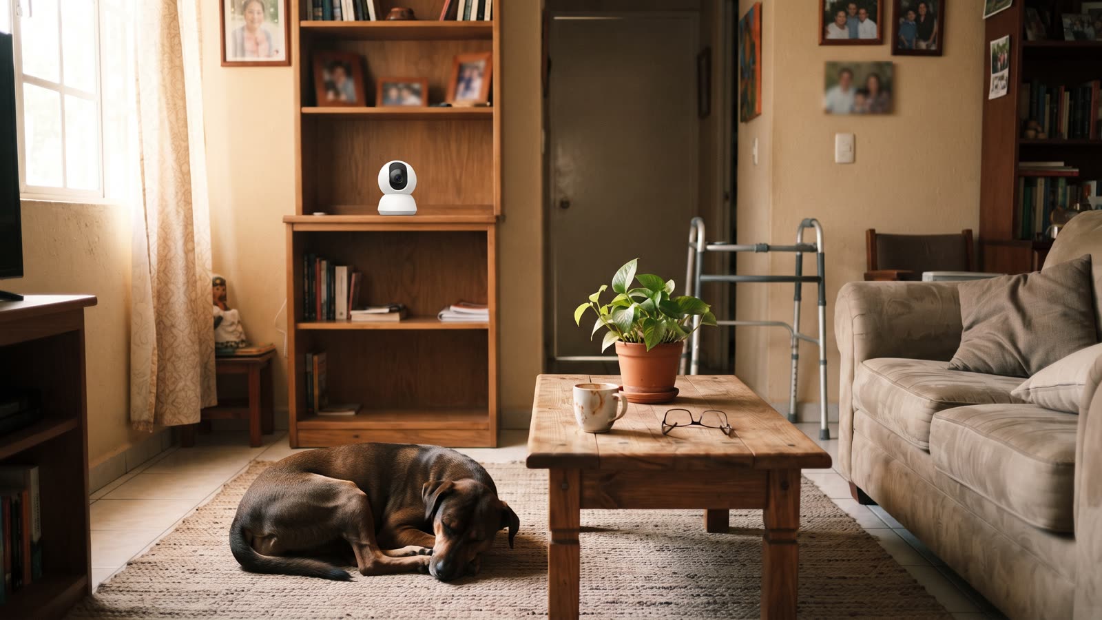 Cámara interior WiFi blanca sobre un mueble de sala en una casa de la Ciudad de México, con un perro descansando en el tapete