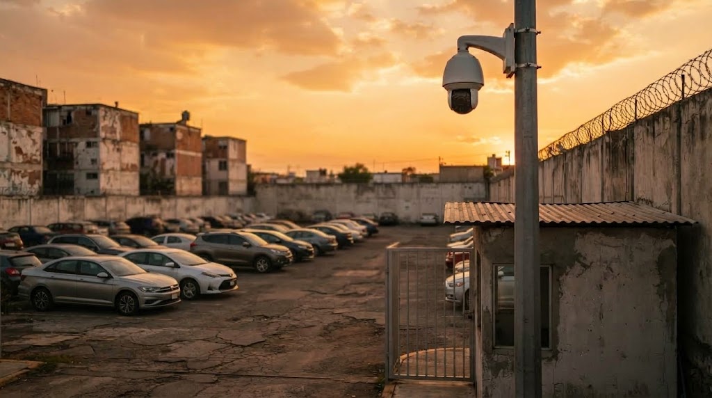 Cámara PTZ tipo domo en lo alto de un poste junto a dos cámaras fijas, sobre un estacionamiento abierto en la Ciudad de México
