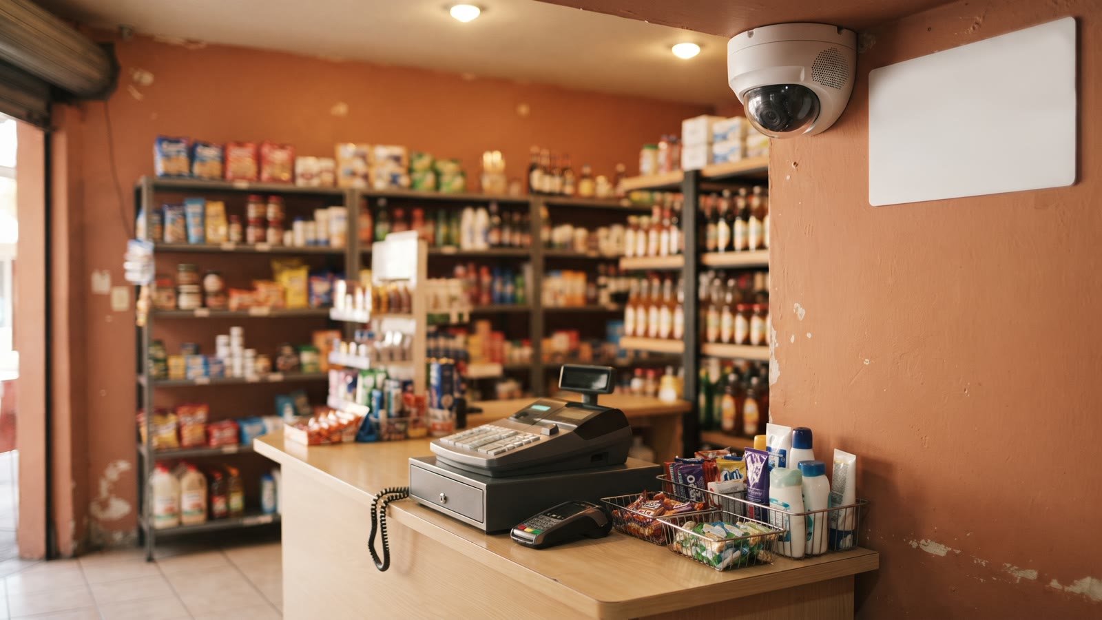 Cámara domo con micrófono y letrero de área videograbada sobre el mostrador de una tienda en la Ciudad de México
