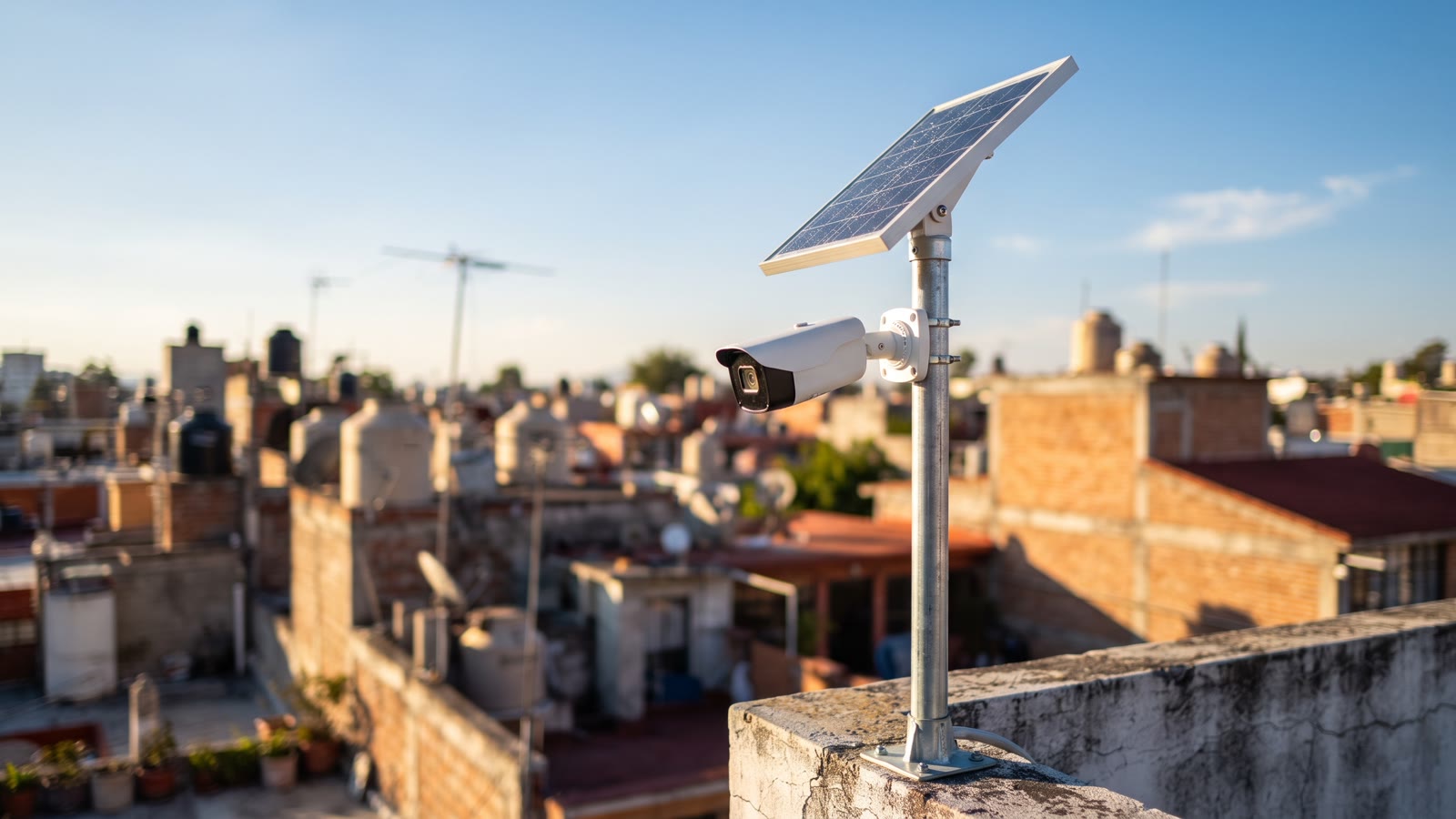 Cámara de seguridad con panel solar sobre un poste en una azotea de la Ciudad de México
