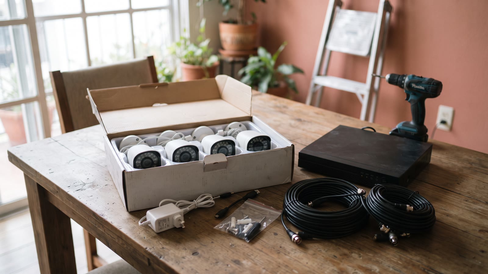 Caja abierta de un kit de 4 cámaras de seguridad sobre la mesa de un comedor, con el grabador, los rollos de cable y una escalera al fondo