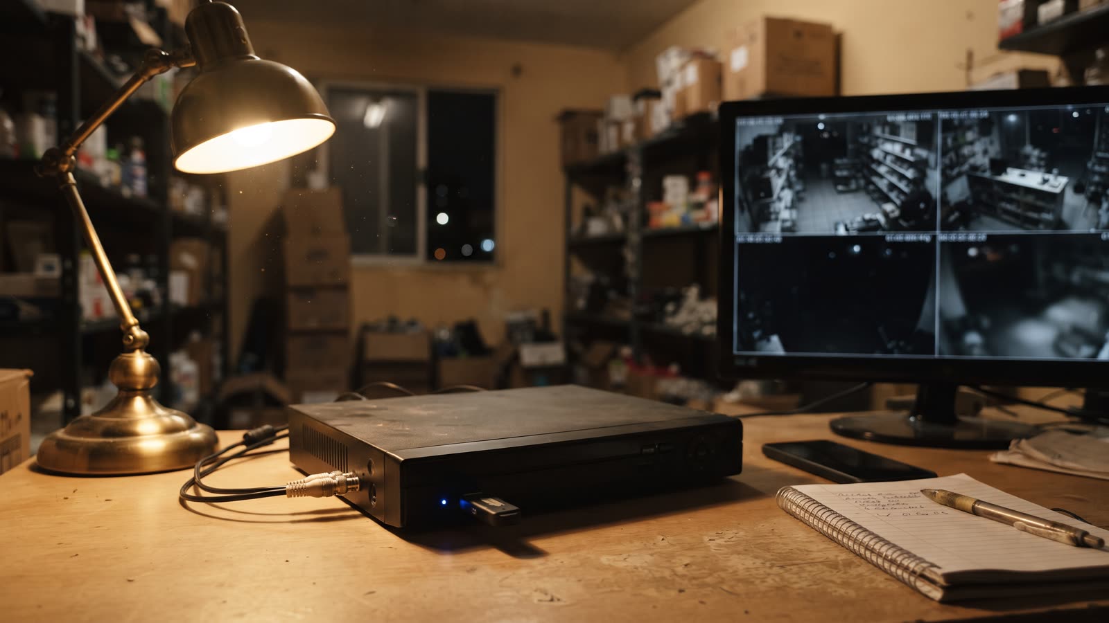 Memoria USB conectada al puerto frontal de un grabador DVR sobre un escritorio, con un monitor que reproduce la grabación de una cámara de seguridad