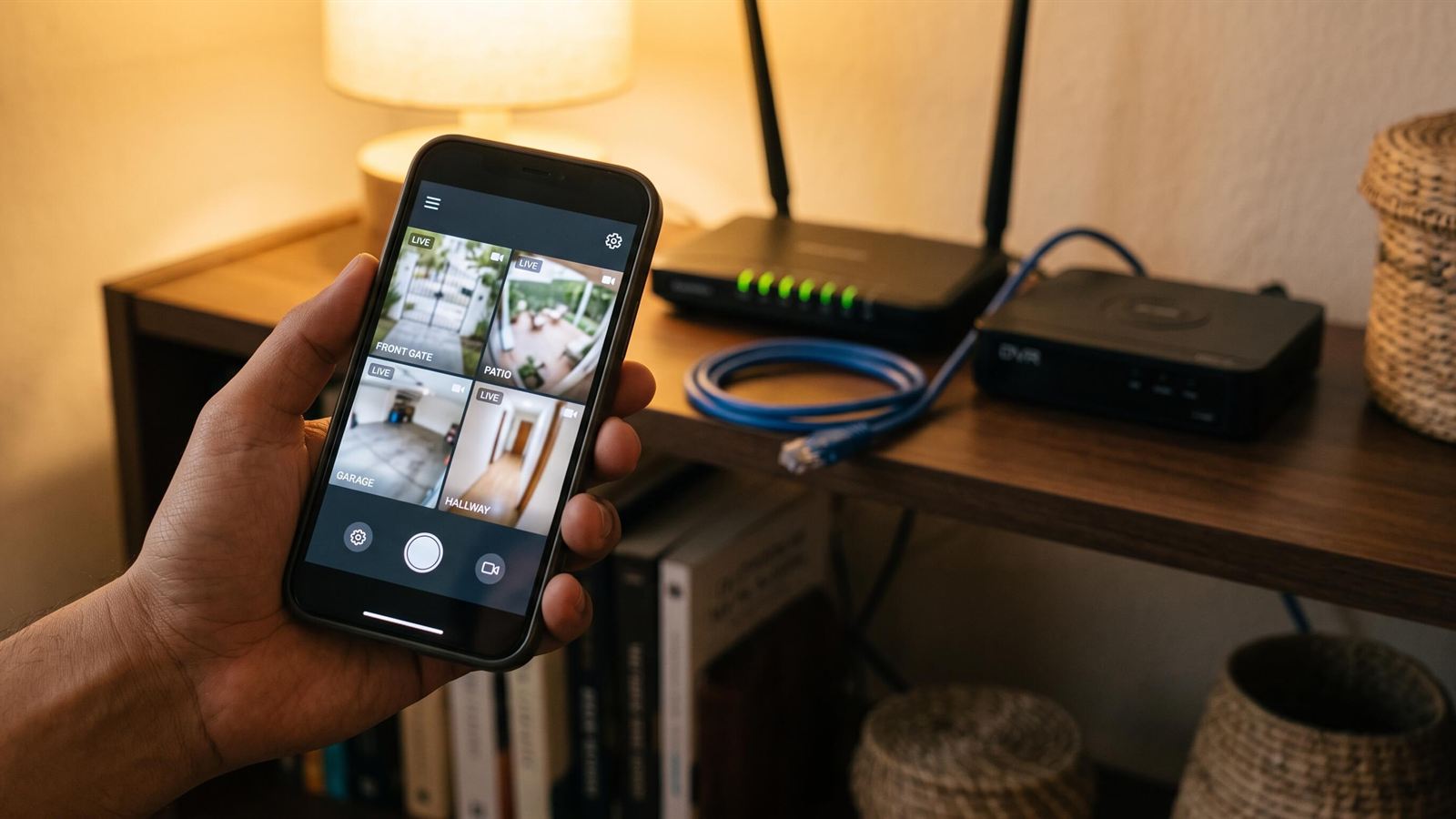 Persona viendo las cámaras de su casa desde la app del celular, con el grabador y el router al fondo