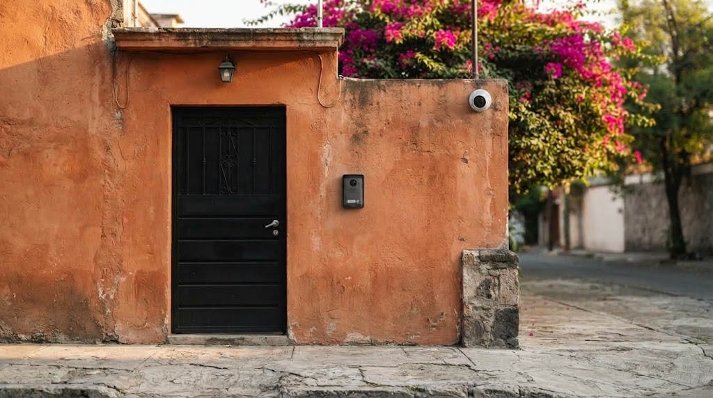 Zaguán de una casa de la Ciudad de México con un frente de videoportero junto a la puerta y una cámara de seguridad en lo alto del muro