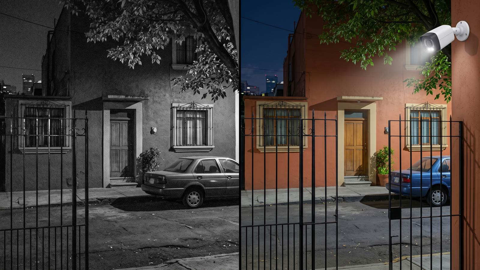 Fachada de una casa de noche vista por dos cámaras: una en blanco y negro con infrarrojo y otra a color con luz cálida